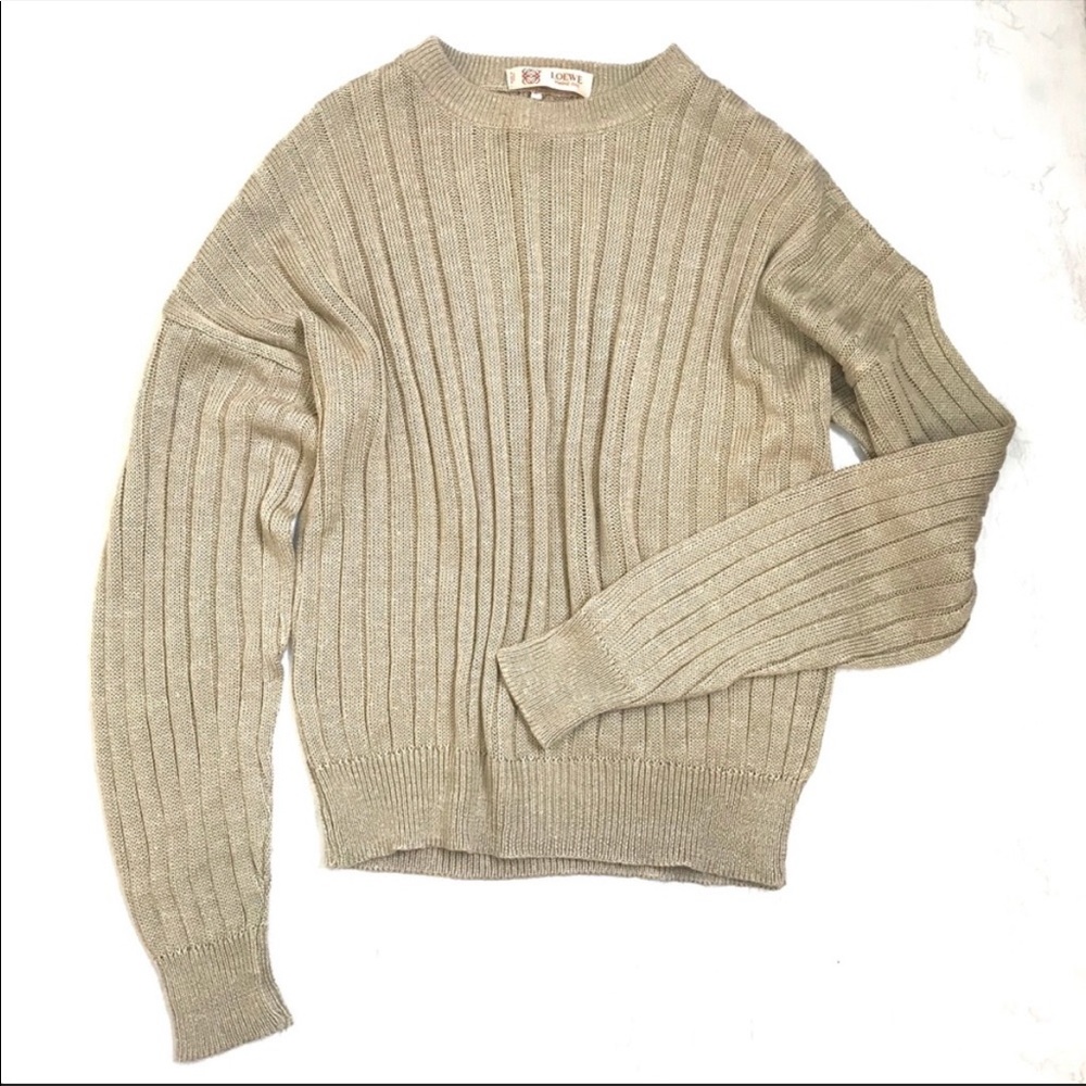 LOEWE Tan Knit Ribbed Oversized Linen Sweater L